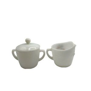 Vintage Fire King Oven Ware Milk Glass Floral Creamer Sugar Bowl & Lid Set FLAW